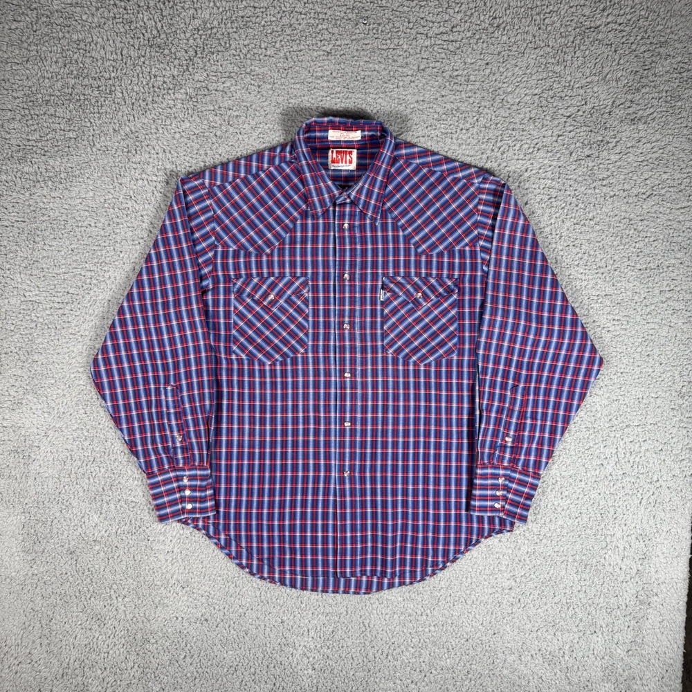 Vintage Levis Pearl Snap Western Shirt Men's Large Blue/Red Stripe Cowboy